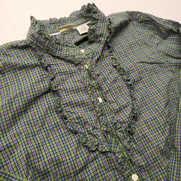 LL Bean Women Shirt XL Green Plaid Ruffle Button Up Band Collar Cottage Classic - Picture 2 of 11